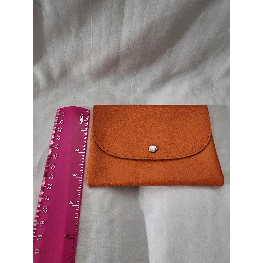 Orange Pebbled Leather Small Coin Purse Snap Envelope Card Holder Wallet